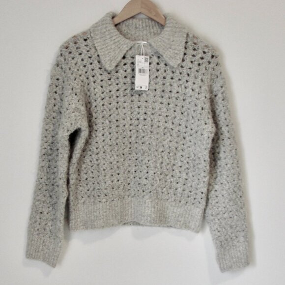 Mango Gray Wool Blend Polo Sweater Openwork Knit BRAND NEW NWT Size Medium - Picture 1 of 13